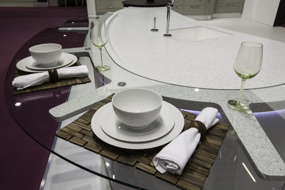 Corian® AND GLASS BESPOKE FLYING BREAKFAST BAR